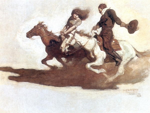 A Son Of Hagar; Couple Racing On Horseback by N. C. Wyeth, 1916